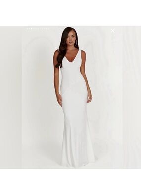 Meshki White V-Neck Sleeveless Maxi Gown